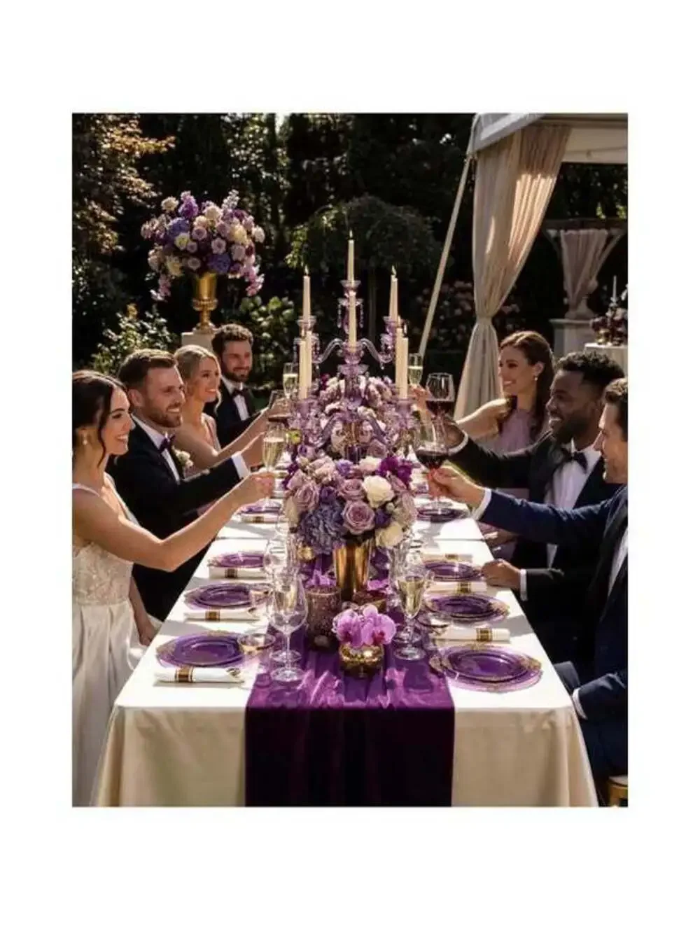350 Pieces Purple/Gold Plastic Plates & Cutlery Set for 50 Guests - New in Box
